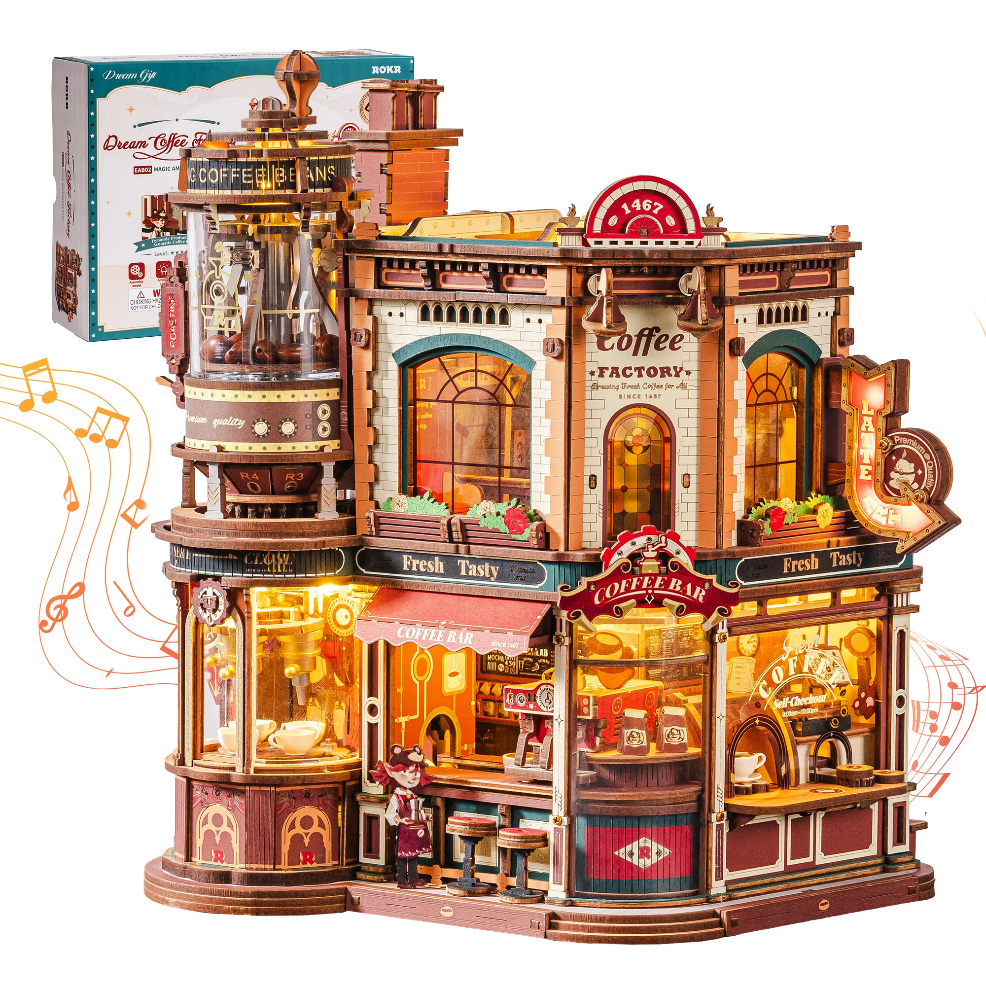 ROKR Wooden 3D Puzzle Dream Coffee Factory Music Box Model Building Kit 593-piece DIY Miniature House Kit with LED Light Unique Home Decor Gift for Adults Women
ROKR Wooden 3D Puzzle Dream Coffee Factory Music Box Model Building Kit 593-piece DIY Miniature House Kit with LED Light Unique Home Decor Gift for Adults Women