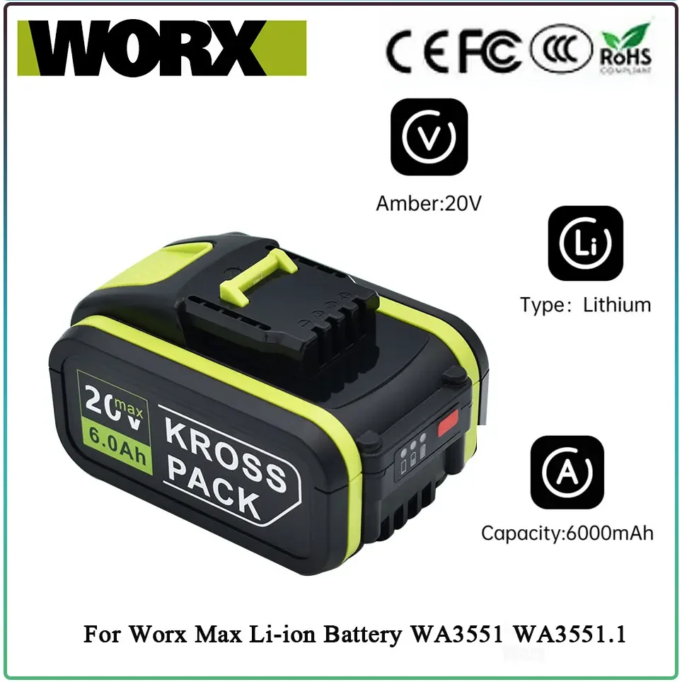 Worx 6.0Ah 20V Lithium ion Replacement Rechargeable Battery for Worx WA3551 WA3553 WX390 WX176 WX550 WX373 WX290 WX800 WU268
Worx 6.0Ah 20V Lithium ion Replacement Rechargeable Battery for Worx WA3551 WA3553 WX390 WX176 WX550 WX373 WX290 WX800 WU268
