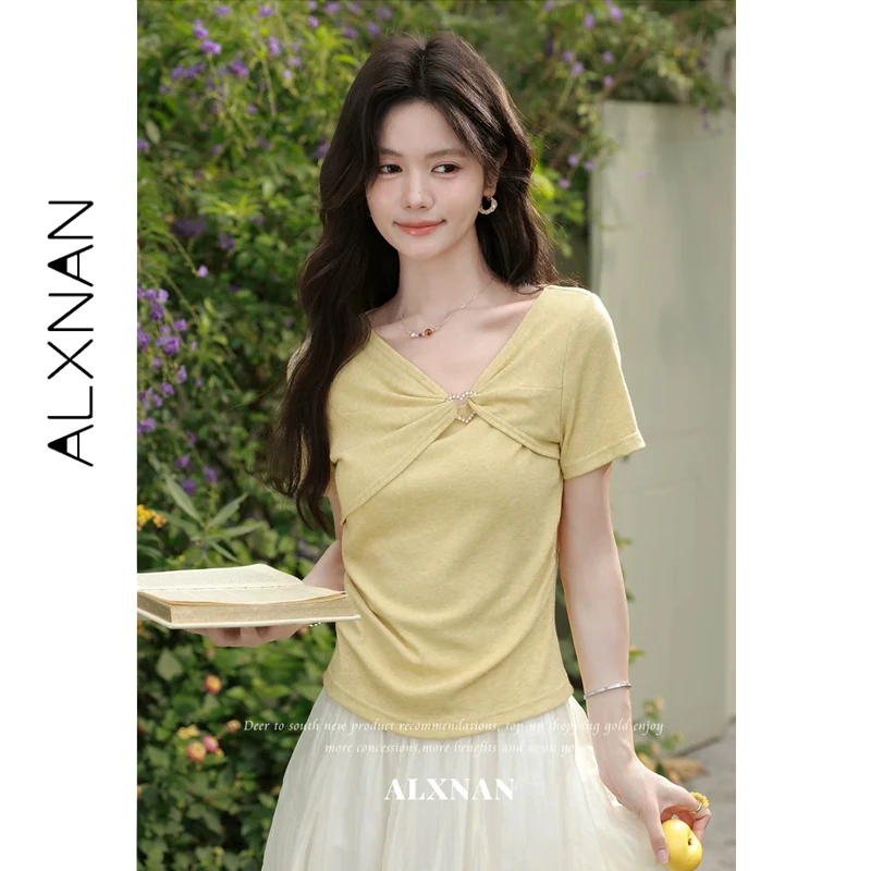 ALXNAN Yellow T-shirts V-neck Cross Twist Short Sleeve T-shirt Waist Ruched Design Elegant Casual Fashion Tops Ladies L65119
ALXNAN Yellow T-shirts V-neck Cross Twist Short Sleeve T-shirt Waist Ruched Design Elegant Casual Fashion Tops Ladies L65119