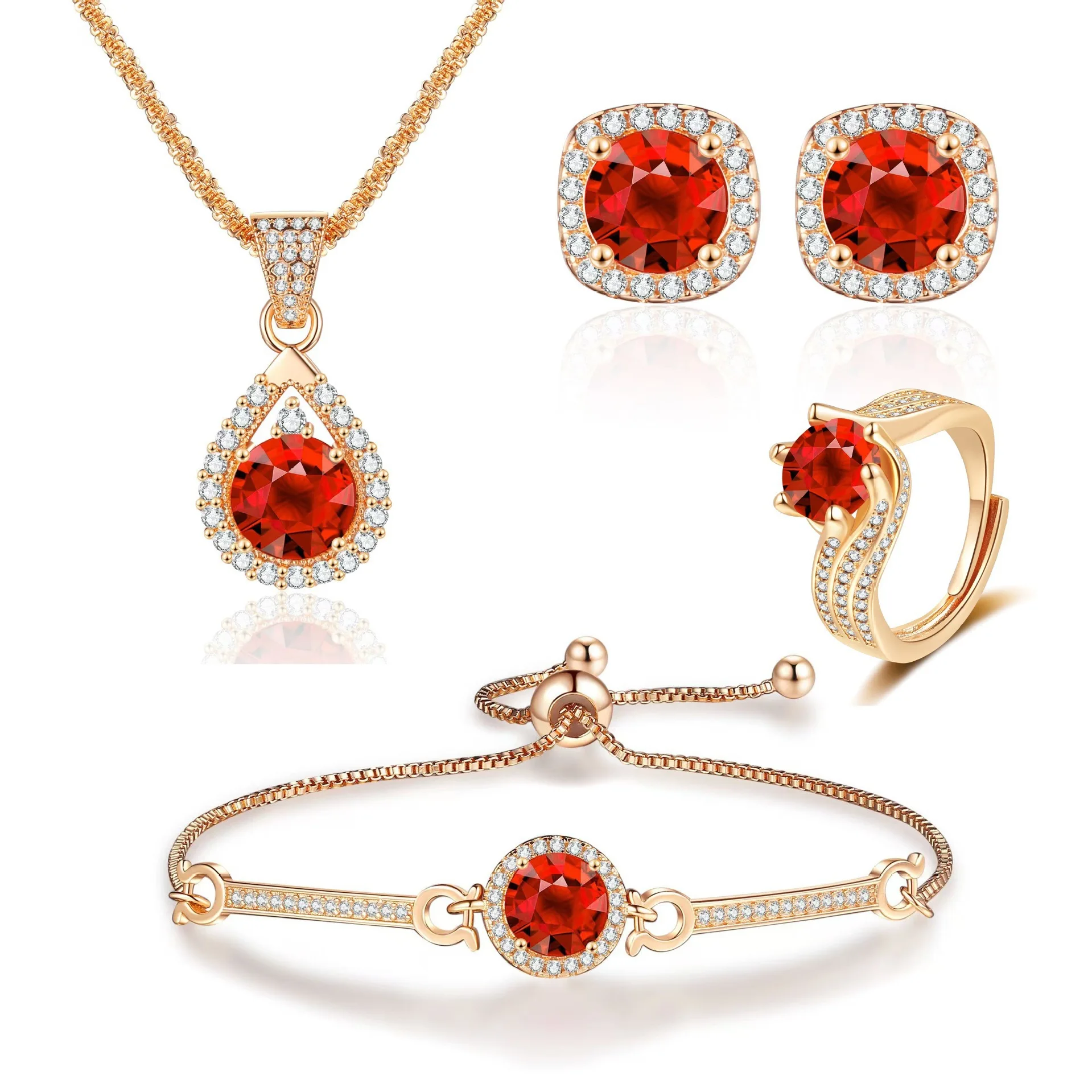 Live Stream Hot Sale Garnet Red Jewelry Set of 8 Heart 8 Arrow Design, Champagne Golden Ring Earring Necklace Women Party Gift
Live Stream Hot Sale Garnet Red Jewelry Set of 8 Heart 8 Arrow Design, Champagne Golden Ring Earring Necklace Women Party Gift