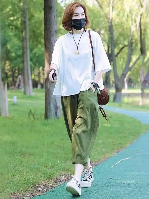 White Casual Women's T-irt High Waist Wide Leg Pants Two-Piece Set Faionable Simple Summer Outfit Cotton Blend Blend
White Casual Women's T-irt High Waist Wide Leg Pants Two-Piece Set Faionable Simple Summer Outfit Cotton Blend Blend