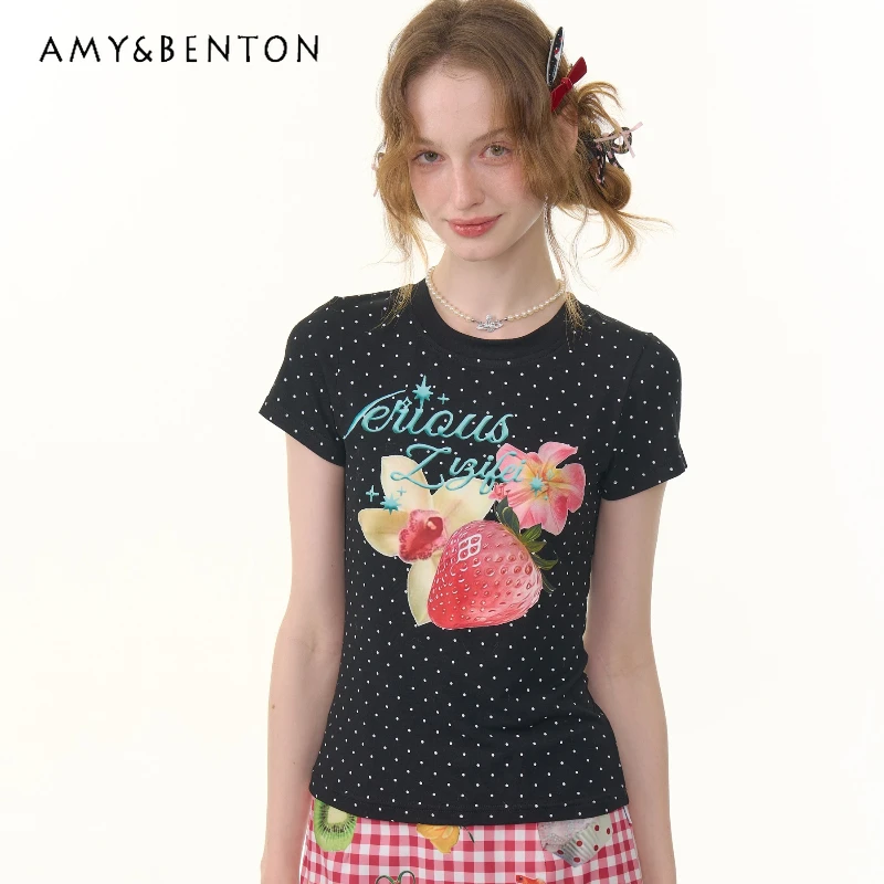 American Retro Design Fruit Print Women's T-shirt 2025 Summer New Black Polka Dots Slimming Thin Short-sleeved T-shirts Ladies
American Retro Design Fruit Print Women's T-shirt 2025 Summer New Black Polka Dots Slimming Thin Short-sleeved T-shirts Ladies