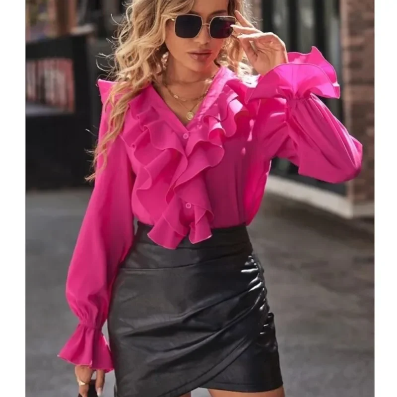 Women's Autumn Elegant Commuting Long Sleeved Shirt Fashion Ruffle Edge Petal Sleeve V-neck Solid Color Shirt Holiday Leisure
Women's Autumn Elegant Commuting Long Sleeved Shirt Fashion Ruffle Edge Petal Sleeve V-neck Solid Color Shirt Holiday Leisure