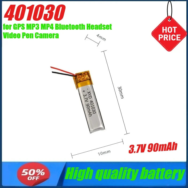 3.7V 90mAh 401030 Lithium Polymer Lipo Rechargeable Battery for GPS MP3 MP4 Bluetooth Headset Video Pen Camera
3.7V 90mAh 401030 Lithium Polymer Lipo Rechargeable Battery for GPS MP3 MP4 Bluetooth Headset Video Pen Camera