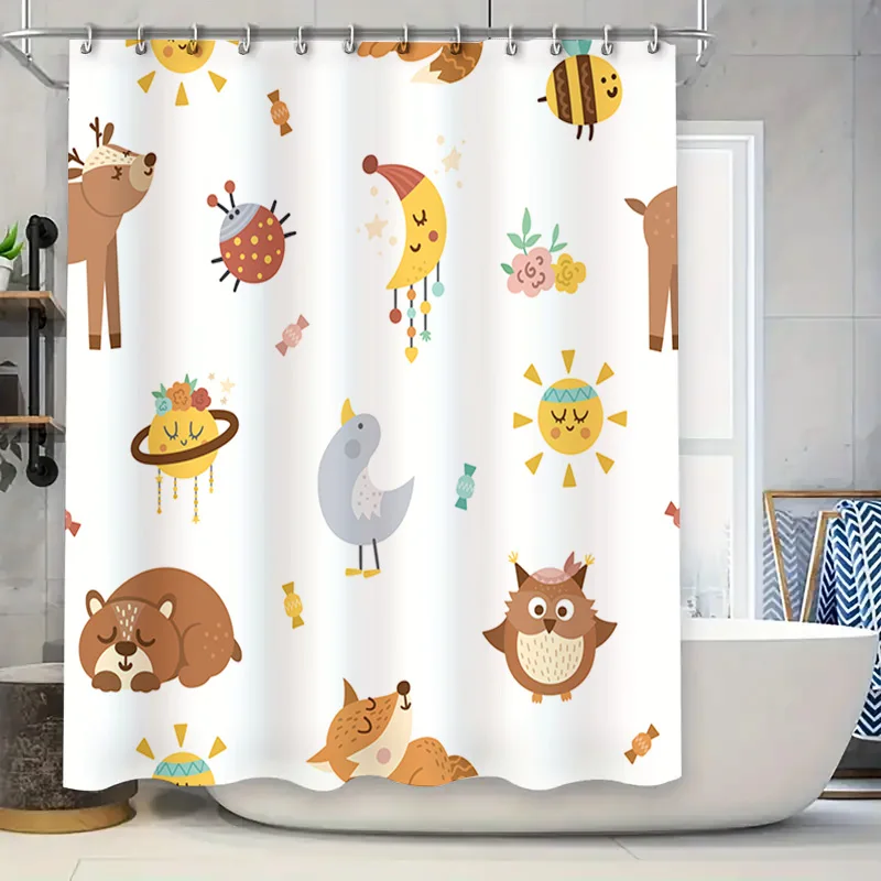Whimsical Cartoon Print Shower Curtain Set Kids Bathroom Decor with Owl, Bear, Bee Sun Design
Whimsical Cartoon Print Shower Curtain Set Kids Bathroom Decor with Owl, Bear, Bee Sun Design