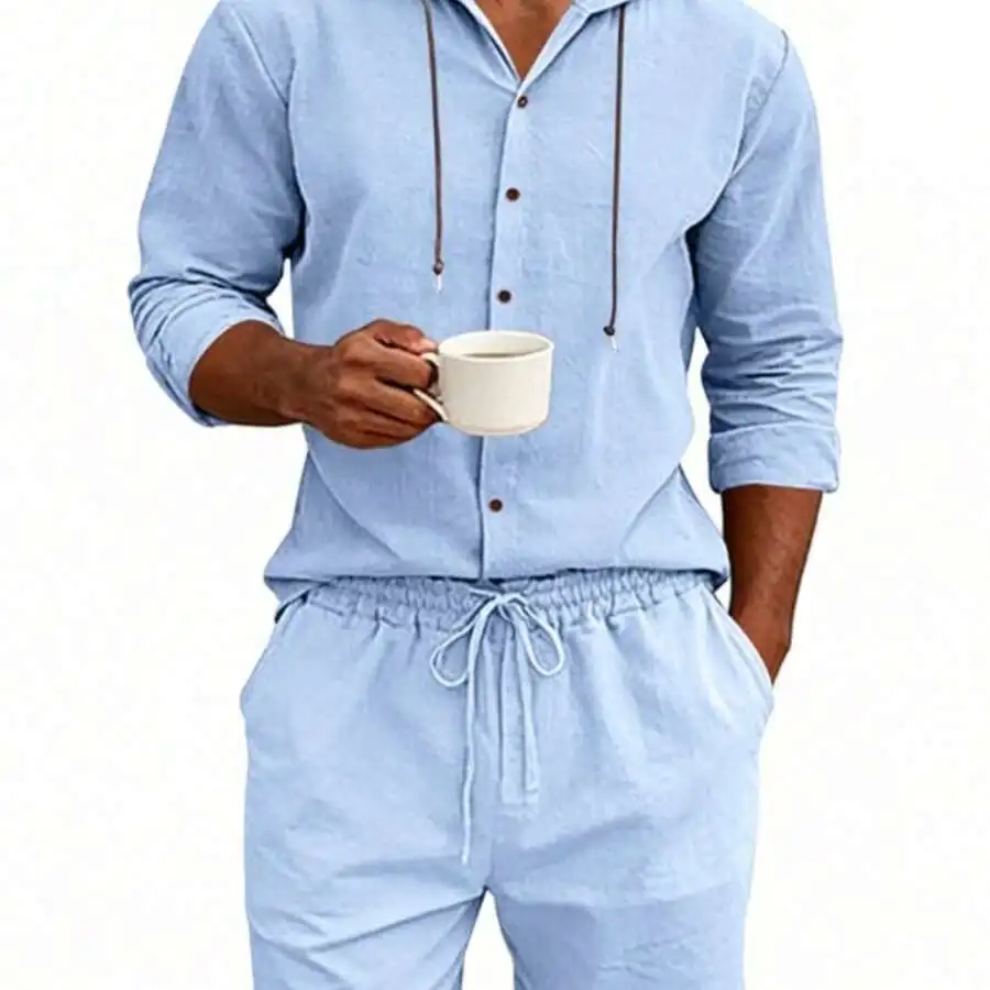 Mens Linen 2pcs Set Hooded Long Sleeve Button Up Shirt And Drawstring Shorts Casual Beach Vacation Outfit
Mens Linen 2pcs Set Hooded Long Sleeve Button Up Shirt And Drawstring Shorts Casual Beach Vacation Outfit
