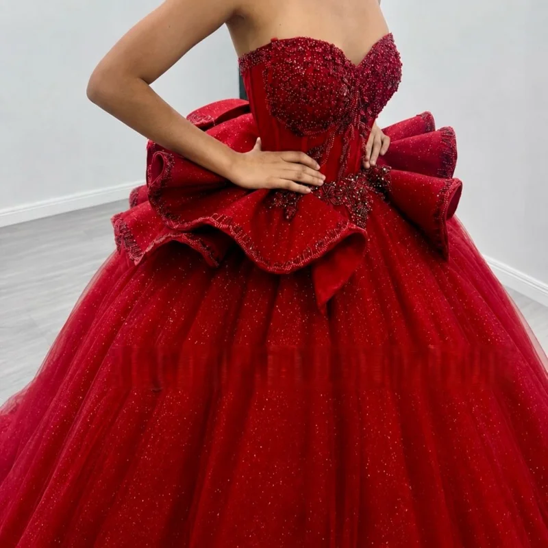 Shiny Red Quinceanera Dress off-shoulder Glitter Decal Layering Long tail Bow vestidos de 15 Quinceanera Customize
Shiny Red Quinceanera Dress off-shoulder Glitter Decal Layering Long tail Bow vestidos de 15 Quinceanera Customize