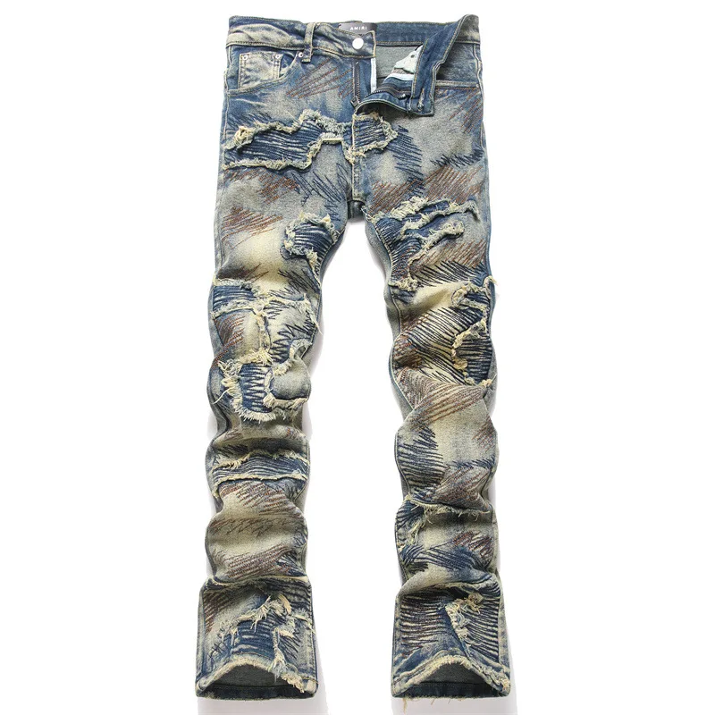 Men's Retro Slim Fit Bell Bottom Jeans Blue Embroidered Frayed Hem Casual European Style Trousers Lengthening Legs Slightly Stre
Men's Retro Slim Fit Bell Bottom Jeans Blue Embroidered Frayed Hem Casual European Style Trousers Lengthening Legs Slightly Stre