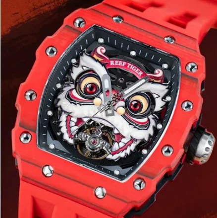 Мужские автоматические часы Reef Tiger 42,2 мм, механические наручные часы Tonneau, 50 м, водонепроницаемые, со светящимся танцевальным львом, циферблат, безель из углеродного волокна
Мужские автоматические часы Reef Tiger 42,2 мм, механические наручные часы Tonneau, 50 м, водонепроницаемые, со светящимся танцевальным львом, циферблат, безель из углеродного волокна