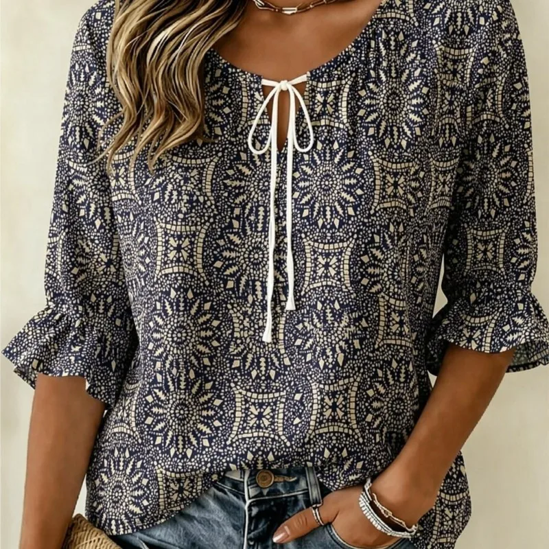 Women's Navy Geometric Mosaic Print Blouse Tie Neck Ruffle 3/4 Sleeve Vintage Casual Top for Daily Work Wear
Women's Navy Geometric Mosaic Print Blouse Tie Neck Ruffle 3/4 Sleeve Vintage Casual Top for Daily Work Wear
