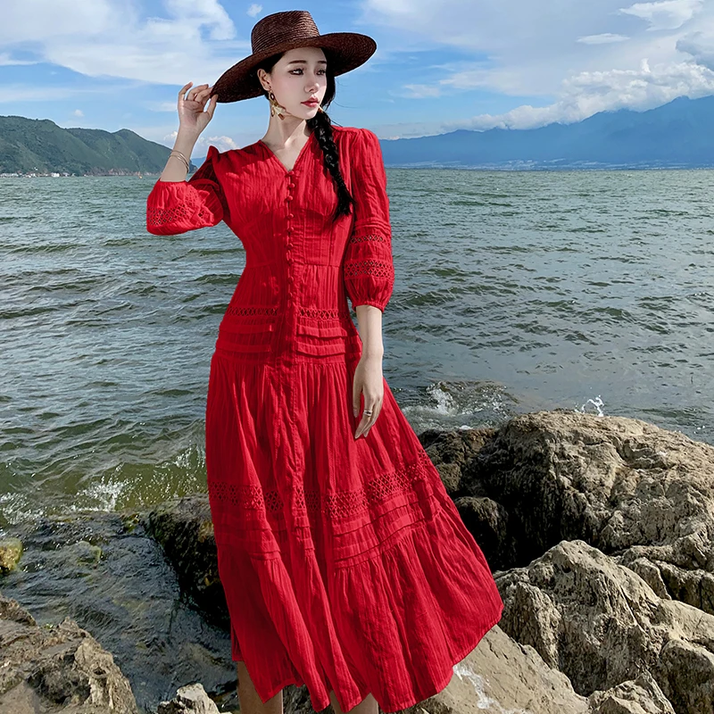 Red Lace Hollow out Long Dress Women's Beach Dress Desert Travel Photography Bohemian Style Elastic Waist Bubble Sleeve V-neck
Red Lace Hollow out Long Dress Women's Beach Dress Desert Travel Photography Bohemian Style Elastic Waist Bubble Sleeve V-neck