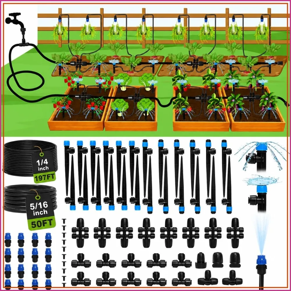 247FT Drip Irrigation System, Automatic Garden Watering Kit with 50FT 5/16" & 1/4" Tubing, Quick-Connect Fittings, Adjustable Emitters for Raised Beds, Greenhouse, Lawn
247FT Drip Irrigation System, Automatic Garden Watering Kit with 50FT 5/16" & 1/4" Tubing, Quick-Connect Fittings, Adjustable Emitters for Raised Beds, Greenhouse, Lawn