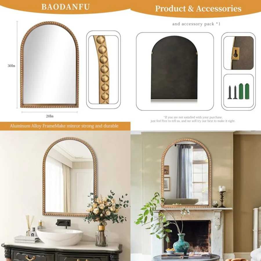 Traditional Arch Mirror for Bathroom, 20" x30" Baroque Antique Gold Marlowe Mirrors Beaded Frame, Decorative Accent Vertical Va
Traditional Arch Mirror for Bathroom, 20" x30" Baroque Antique Gold Marlowe Mirrors Beaded Frame, Decorative Accent Vertical Va