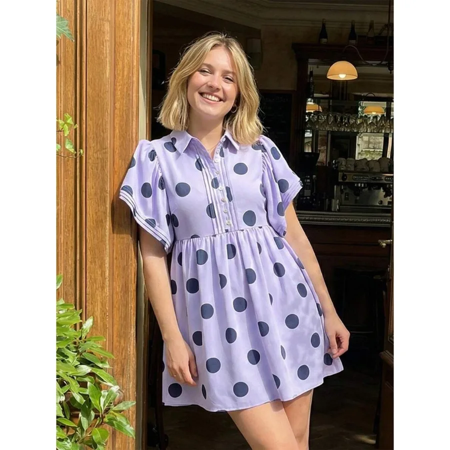 【New style】Women's Summer Mini Dress Casual Loose Fit Stylish Dot Print Half Button Up Collared Ruffled Sleeve Dress
【New style】Women's Summer Mini Dress Casual Loose Fit Stylish Dot Print Half Button Up Collared Ruffled Sleeve Dress