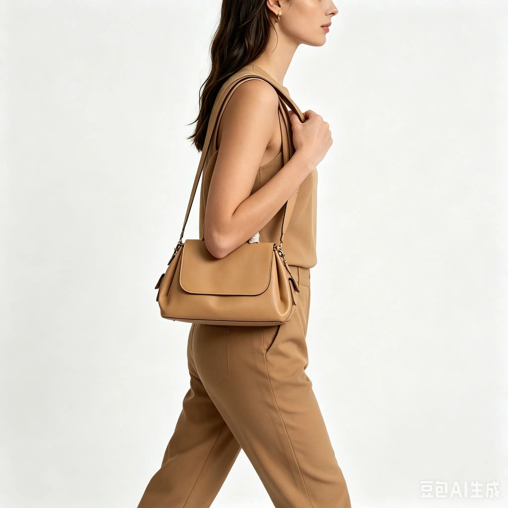 Caramel genuine leather top handle bag with fold-over flap and detachable crossbody strap.
Caramel genuine leather top handle bag with fold-over flap and detachable crossbody strap.