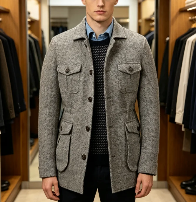 Mens Grey Herringbone Tweed Field Jacket Multi Pocket Safari Style Coat For Casual Outdoor And Business Casual Wear Customized
Mens Grey Herringbone Tweed Field Jacket Multi Pocket Safari Style Coat For Casual Outdoor And Business Casual Wear Customized