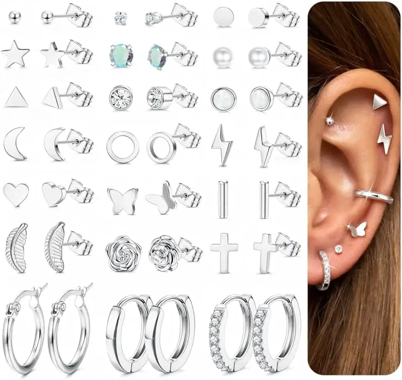 21 Pairs Silver Stud Earrings Set for Women Stainless Steel Cartilage Helix Small Tiny Hoop Earrings
21 Pairs Silver Stud Earrings Set for Women Stainless Steel Cartilage Helix Small Tiny Hoop Earrings