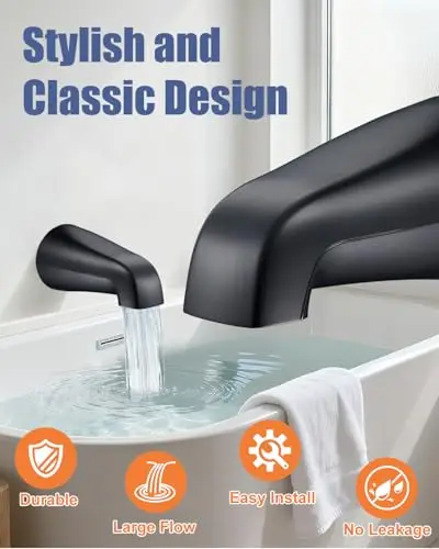 Matte Black Universal Tub Spout With Fast Flow, Leakproof Metal Construction, Easy To Install, Compatible With 1/2 And 3/4 IPS
Matte Black Universal Tub Spout With Fast Flow, Leakproof Metal Construction, Easy To Install, Compatible With 1/2 And 3/4 IPS