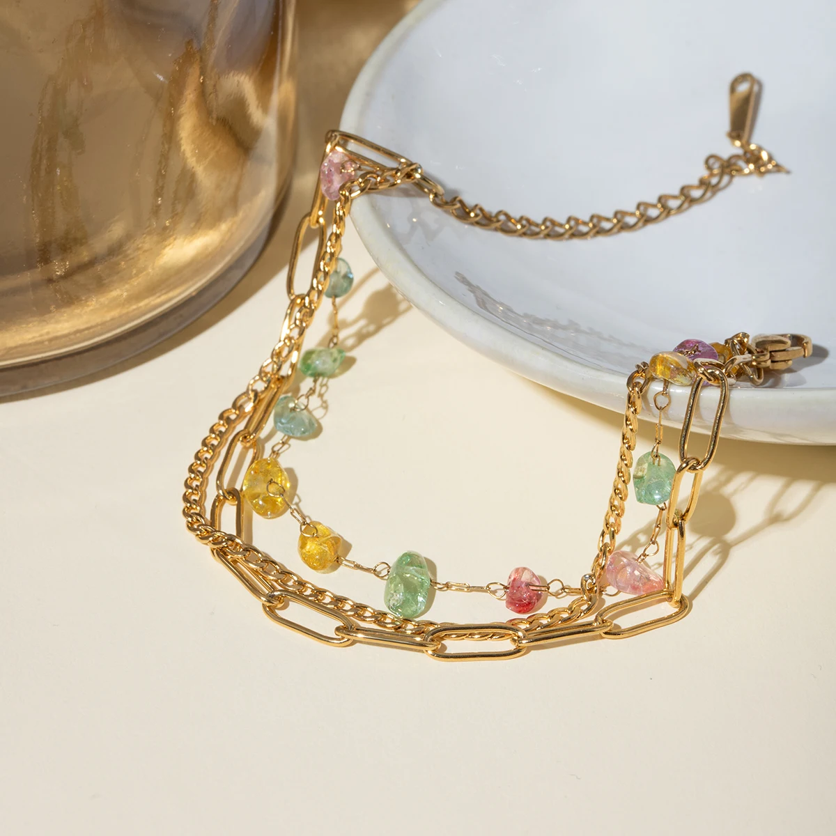 Многослойная Водонепроницаемая цепочка из поливинилхлорида с покрытием из 18-каратного золота, цветной браслет из гравия, женская мода, изящная летняя бижутерия 
Многослойная Водонепроницаемая цепочка из поливинилхлорида с покрытием из 18-каратного золота, цветной браслет из гравия, женская мода, изящная летняя бижутерия
