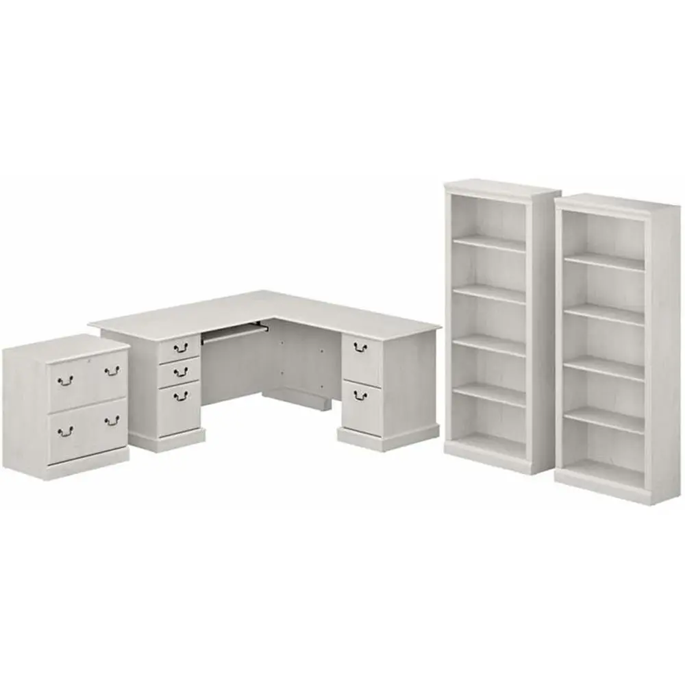 L-Shaped Computer Desk with File Cabinet and Bookcase Set in Linen White Oak
L-Shaped Computer Desk with File Cabinet and Bookcase Set in Linen White Oak