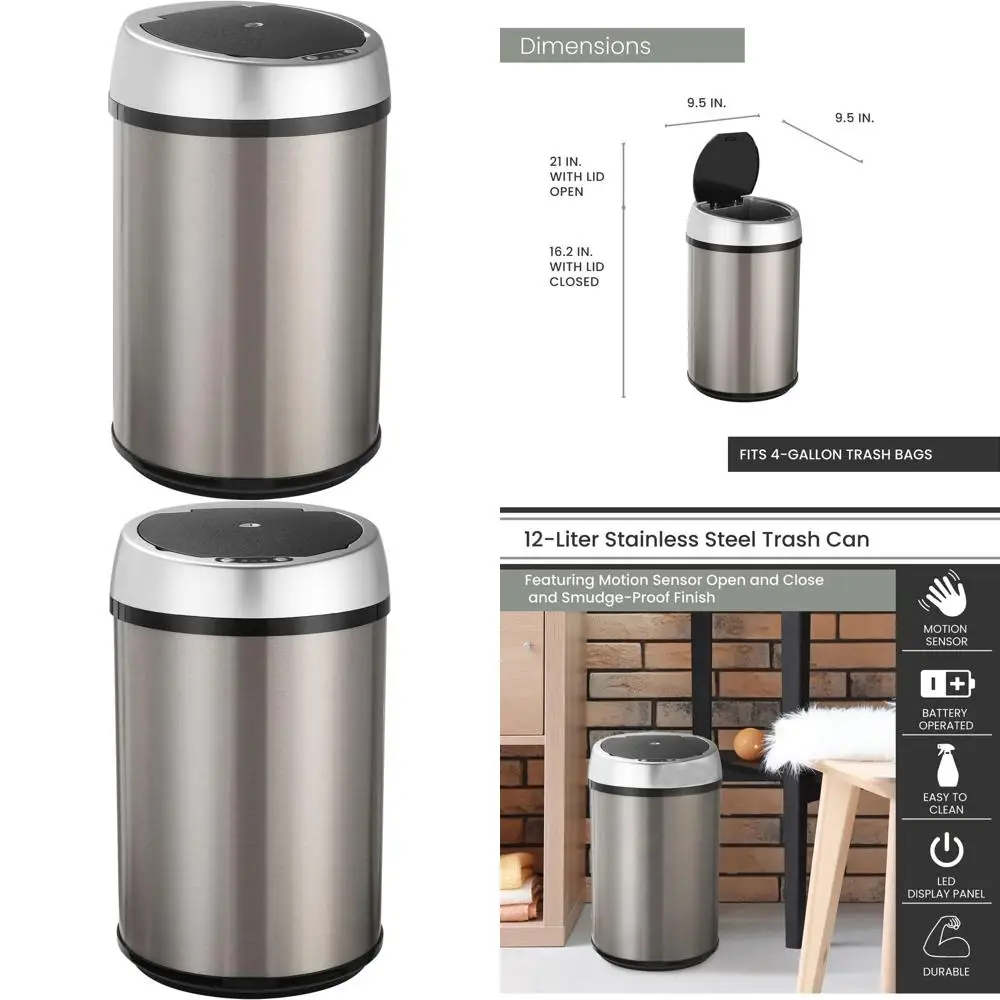 Touchless Trash Can with Motion Sensor, 3.2 Gallon Stainless Steel Bin for Home Use
Touchless Trash Can with Motion Sensor, 3.2 Gallon Stainless Steel Bin for Home Use
