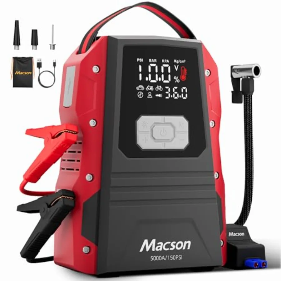 5000A Jump Starter with Air Compressor - Portable 12V Jump Box Battery Pack for 9.0L Gas/8.0L Diesel Engines Car Jumper Starter
5000A Jump Starter with Air Compressor - Portable 12V Jump Box Battery Pack for 9.0L Gas/8.0L Diesel Engines Car Jumper Starter