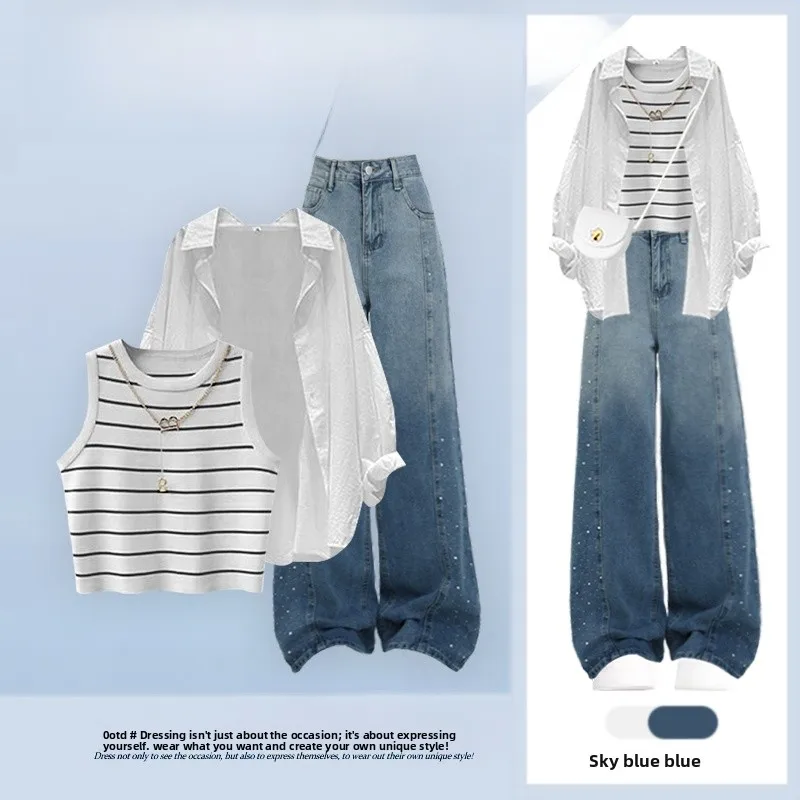 Loose Collar Denim Shirt High Waist Vintage Striped Vest Women's Three-Piece Set Summer Fashion Outfit Casual Chic
Loose Collar Denim Shirt High Waist Vintage Striped Vest Women's Three-Piece Set Summer Fashion Outfit Casual Chic