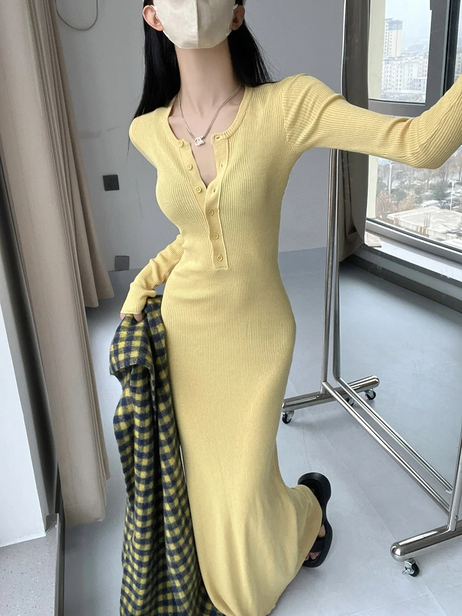 Sexy Button Design Long Sve Knitted Dr Women's Spring New Waist Slimming Slim Fit Long Skirt High Waist A-Line Dr
Sexy Button Design Long Sve Knitted Dr Women's Spring New Waist Slimming Slim Fit Long Skirt High Waist A-Line Dr