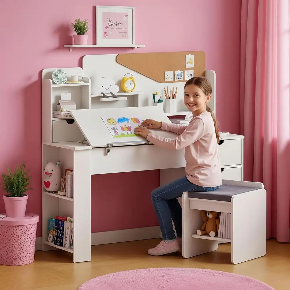 Wooden Study Desk and Chair for Kids, 5-12 Years, with Adjustable Surface, Hutch, and Storage Cabinet
Wooden Study Desk and Chair for Kids, 5-12 Years, with Adjustable Surface, Hutch, and Storage Cabinet