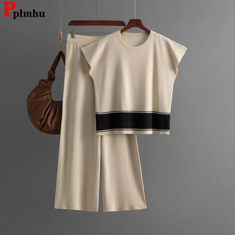 Women Loose Knitted 2 Piece Sets Korean Fashion O-neck Knit Sweater Pullover Tops Conjuntos High Waist Wide Leg Pants Outfit New
Women Loose Knitted 2 Piece Sets Korean Fashion O-neck Knit Sweater Pullover Tops Conjuntos High Waist Wide Leg Pants Outfit New