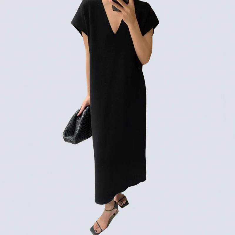 Womens Summer Dress Casual Simple Loose Elegant Dresses For Women Pure Color Short Sleeve V Neck Long Dresses Black Dress
Womens Summer Dress Casual Simple Loose Elegant Dresses For Women Pure Color Short Sleeve V Neck Long Dresses Black Dress