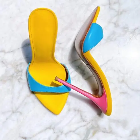 Hot Pink Yellow Blue Leather Mixed Color Pointed Peep Toe Stiletto Heels Shallow Slip On Slide Slippers Women Sexy Sandals Shoes
Hot Pink Yellow Blue Leather Mixed Color Pointed Peep Toe Stiletto Heels Shallow Slip On Slide Slippers Women Sexy Sandals Shoes