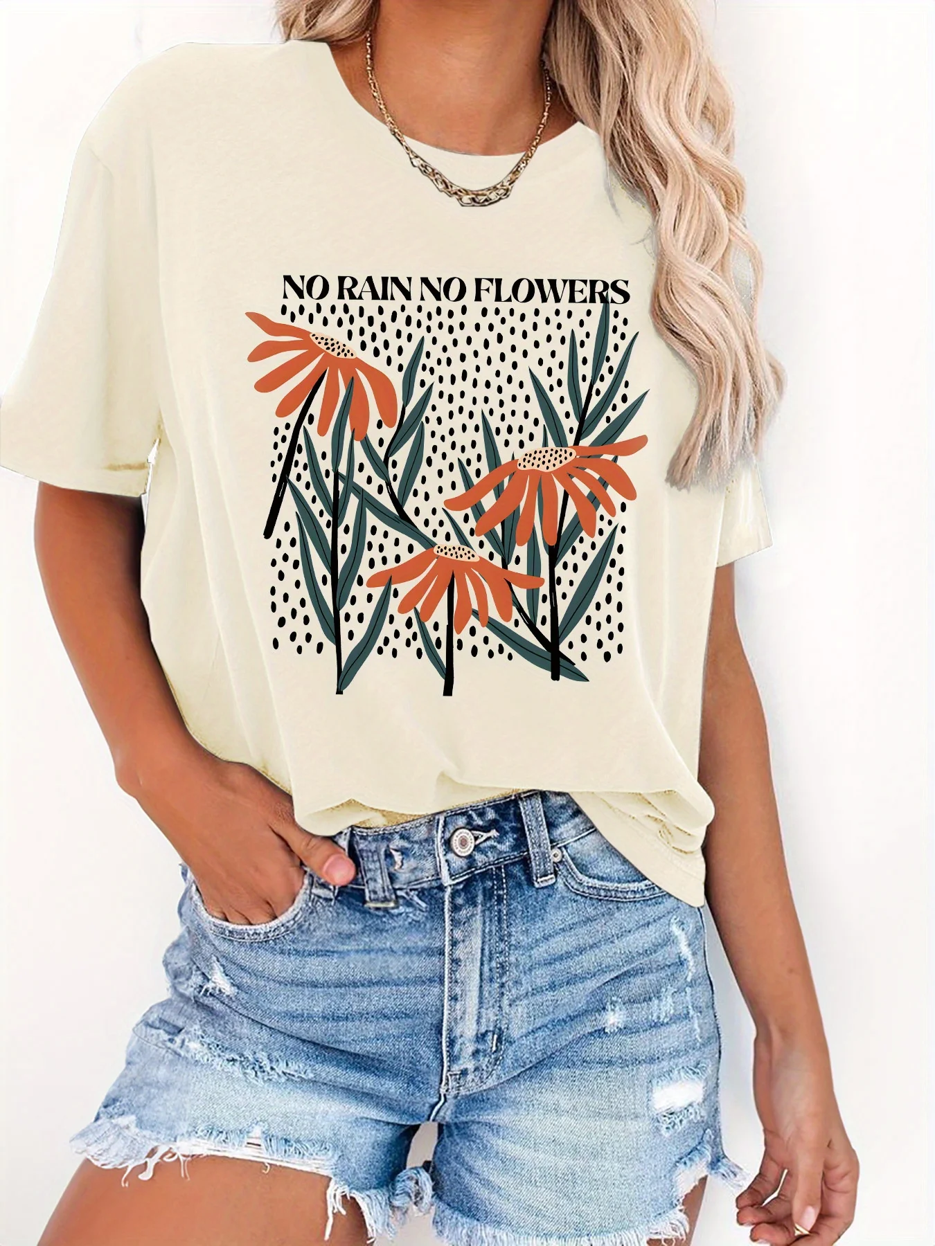 Футболка с принтом «Нет дождя, без цветов», повседневный топ с короткими рукавами и круглым вырезом для лета и весны, женская одежда
Футболка с принтом «Нет дождя, без цветов», повседневный топ с короткими рукавами и круглым вырезом для лета и весны, женская одежда