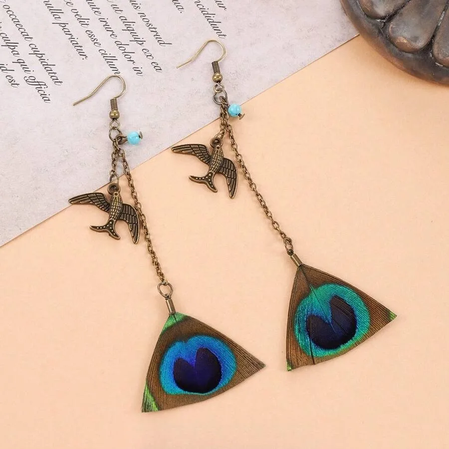 1 Pair Of Women's Vintage Bohemian Style Peacock Dangle Earrings With Distressed Metal Accents, Long Earrings, Unique And Versa
1 Pair Of Women's Vintage Bohemian Style Peacock Dangle Earrings With Distressed Metal Accents, Long Earrings, Unique And Versa