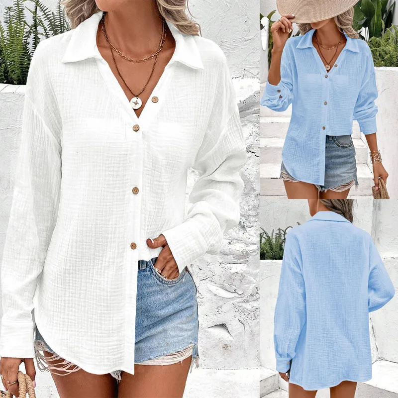 European and American cross-border spring and autumn new double-wrinkled solid color lapels loose long sleeve buttons solid colo
European and American cross-border spring and autumn new double-wrinkled solid color lapels loose long sleeve buttons solid colo