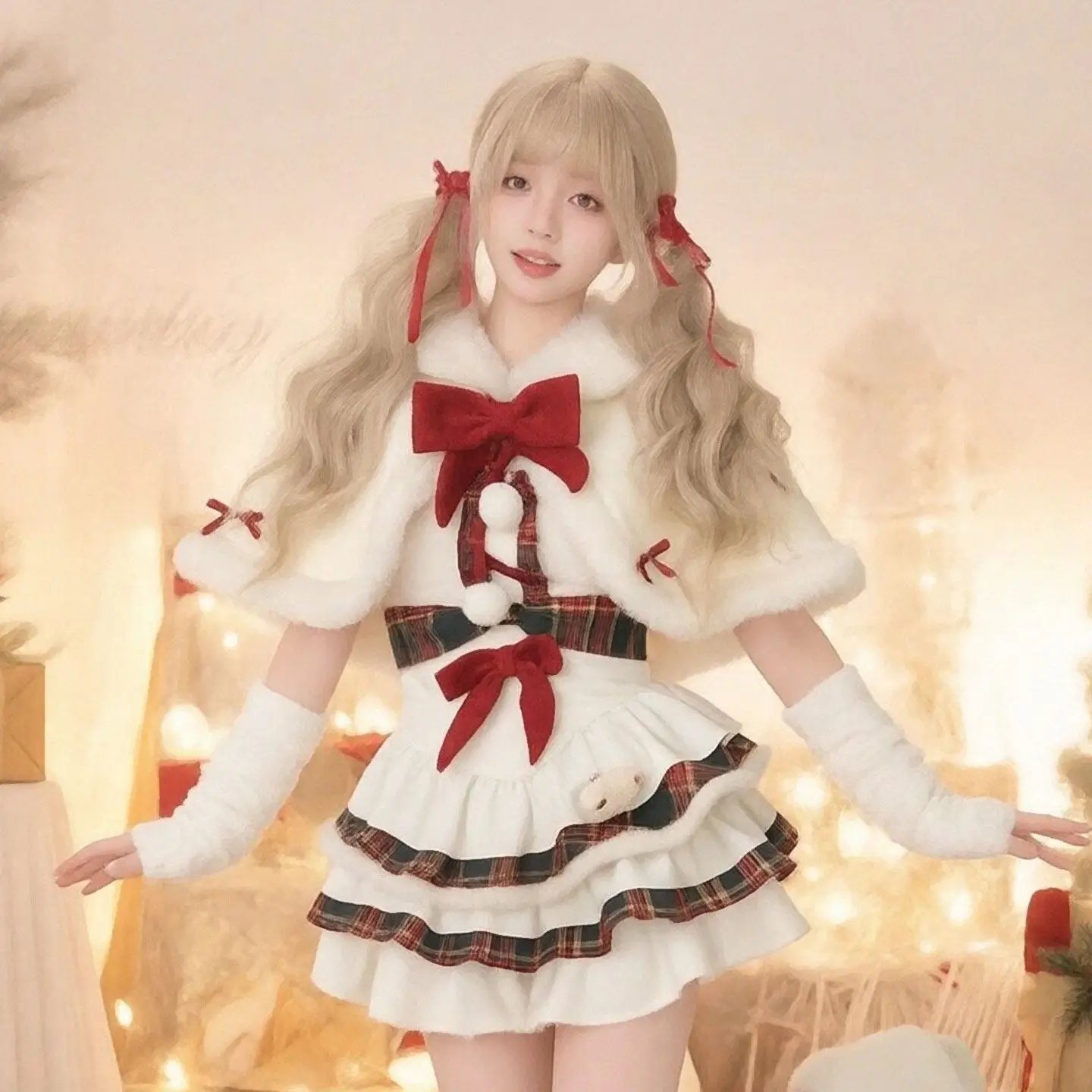 Christmas Sweet Lolita Dress Set Women White Fur Trim Cape Plaid Ruffle Cake Dress Bow Pom Pom 2026 New Winter Party Dress
Christmas Sweet Lolita Dress Set Women White Fur Trim Cape Plaid Ruffle Cake Dress Bow Pom Pom 2026 New Winter Party Dress