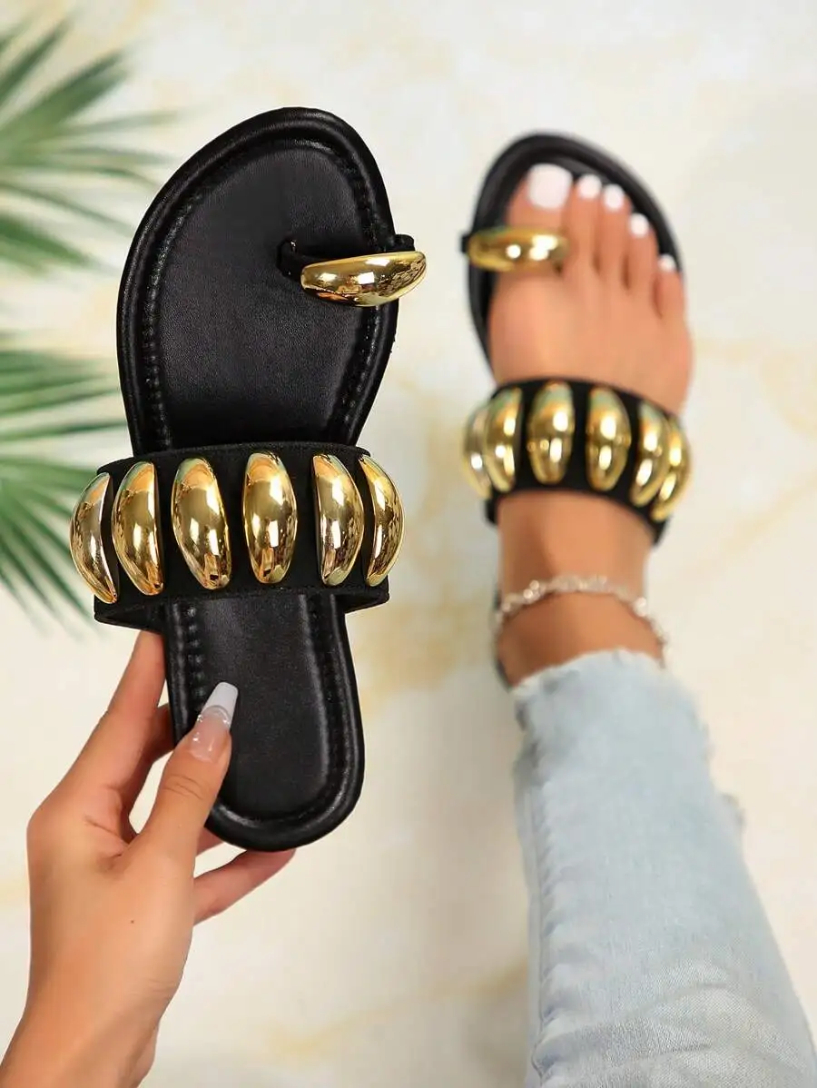 Womens Metal Decor Round Toe Slip-On Flat Sandals Black Fashion Summer Slides
Womens Metal Decor Round Toe Slip-On Flat Sandals Black Fashion Summer Slides