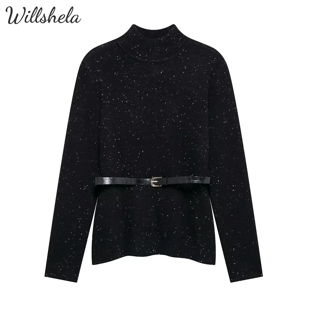 Willshela Women Fashion Y2K Black Pullover Knitted Sweater with Waist Belt O-Neck Long Sleeves Female Chic Lady Casual Outfits
Willshela Women Fashion Y2K Black Pullover Knitted Sweater with Waist Belt O-Neck Long Sleeves Female Chic Lady Casual Outfits