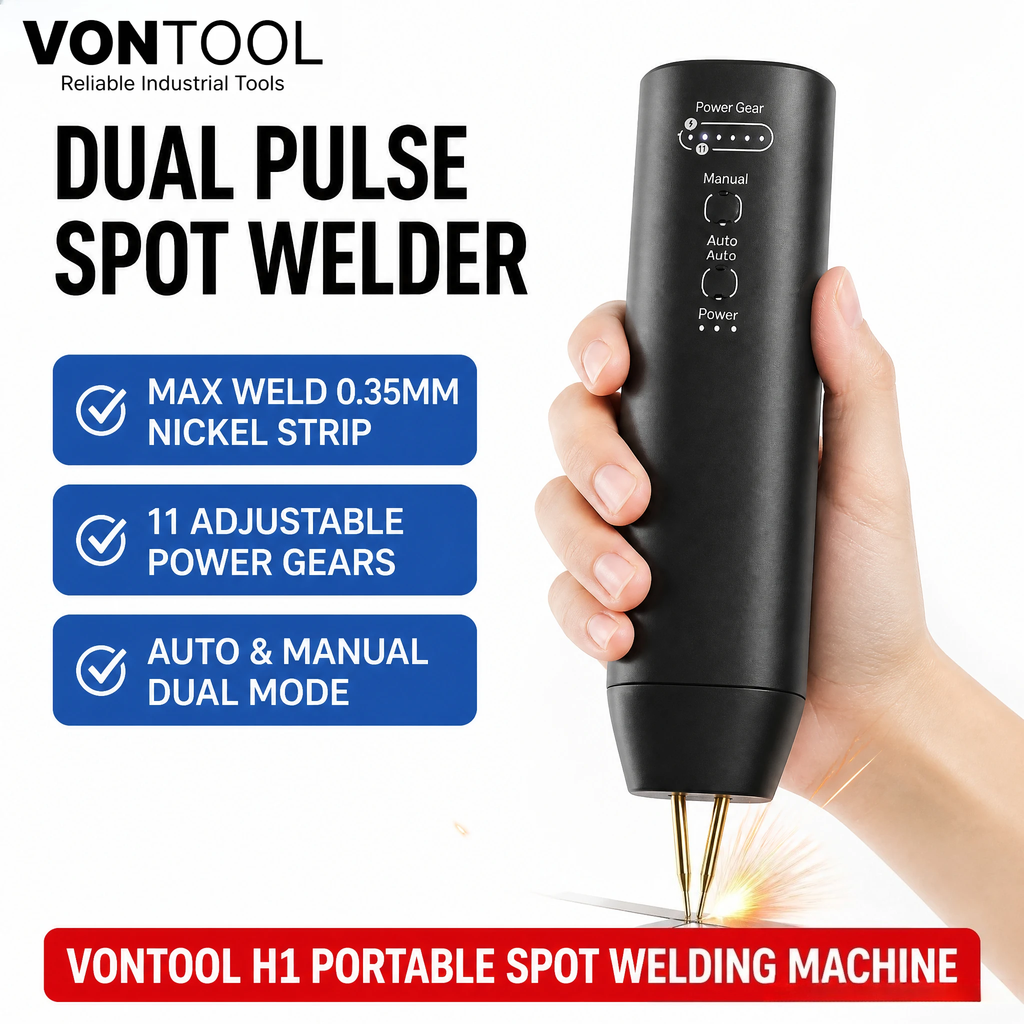 VONTOOL H1 Dual Pulse Handheld Spot Welder 11-Gear Adjustable Spot Welding Machine for 18650 Battery DIY
VONTOOL H1 Dual Pulse Handheld Spot Welder 11-Gear Adjustable Spot Welding Machine for 18650 Battery DIY