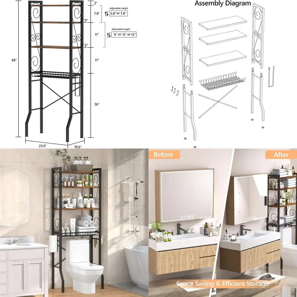 4-Tier Rustic Brown Over-the-Toilet Storage Shelf with Adjustable Feet and Basket
4-Tier Rustic Brown Over-the-Toilet Storage Shelf with Adjustable Feet and Basket
