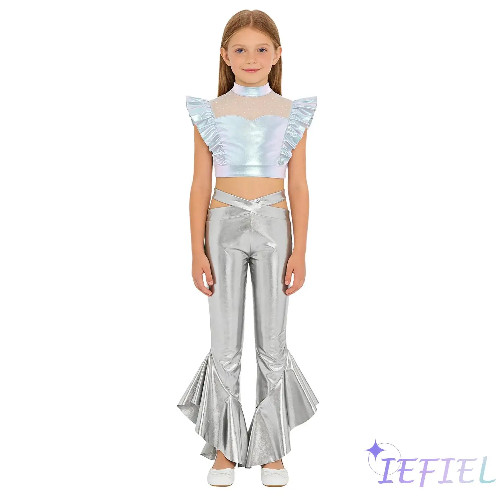 Kids Girls Disco Jazz Dance Set Sleeveless Mesh Patchwork Rhinestone Ruffle Metallic Crop Top with Shiny Ruffles Flared Pants
Kids Girls Disco Jazz Dance Set Sleeveless Mesh Patchwork Rhinestone Ruffle Metallic Crop Top with Shiny Ruffles Flared Pants