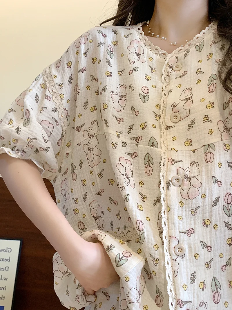 Cute Rabbit Cartoon Print Lace Trim Texture Loose Thin Breathable Home Spwear Set Soft Comfortable ort Sve Long Pants
Cute Rabbit Cartoon Print Lace Trim Texture Loose Thin Breathable Home Spwear Set Soft Comfortable ort Sve Long Pants