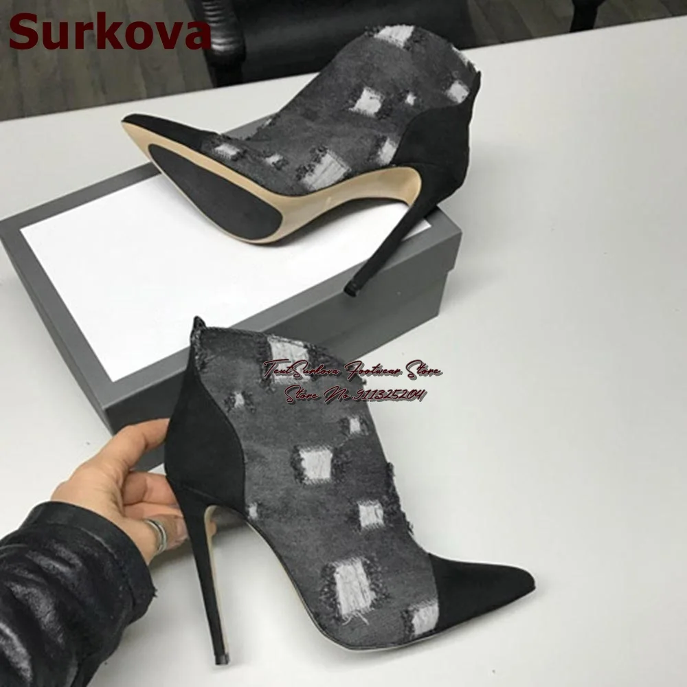 Surkova Grey Denim Checkered Hollow Out Ankle Boots Black Suede Patchwork Pointed Toe Dress Shoes Jeans Pointed Toe Dress Shoes
Surkova Grey Denim Checkered Hollow Out Ankle Boots Black Suede Patchwork Pointed Toe Dress Shoes Jeans Pointed Toe Dress Shoes