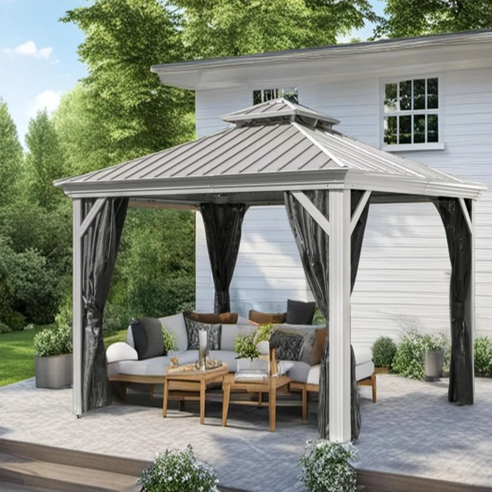 Hardtop gazebo, galvanized steel double roof, rust-proof aluminum frame, privacy mesh, and all-weather outdoor shelter
Hardtop gazebo, galvanized steel double roof, rust-proof aluminum frame, privacy mesh, and all-weather outdoor shelter