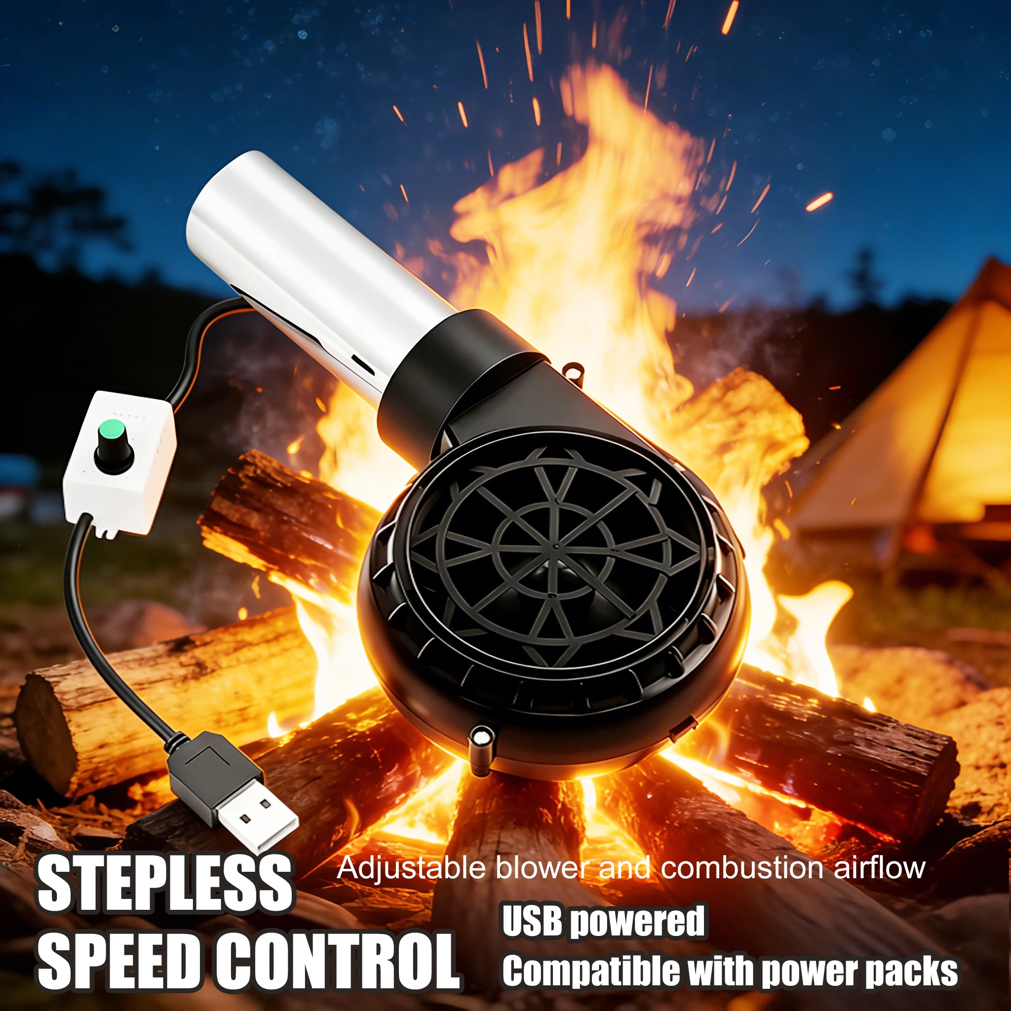 Outdoor Camping Fire Blower USB Rechargeable BBQ Fan with Stepless Speed Control Stainless Steel Tube Blower Grilling Blower
Outdoor Camping Fire Blower USB Rechargeable BBQ Fan with Stepless Speed Control Stainless Steel Tube Blower Grilling Blower