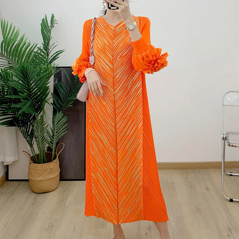 TOP QUALITY ISSEYS MIYAKES Pleated Hot Gold Printed Lapel Long Sleeve Handmade Flower V-Neck Midi Dress Plus Size Elegant Style
TOP QUALITY ISSEYS MIYAKES Pleated Hot Gold Printed Lapel Long Sleeve Handmade Flower V-Neck Midi Dress Plus Size Elegant Style