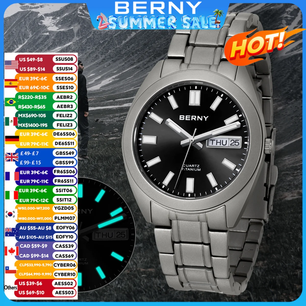 BERNY Titanium Watch for Men Supper Light Weight Wristwatch Super Luminous Sapphire 10ATM Waterproof Sport Field Quartz Watches
BERNY Titanium Watch for Men Supper Light Weight Wristwatch Super Luminous Sapphire 10ATM Waterproof Sport Field Quartz Watches