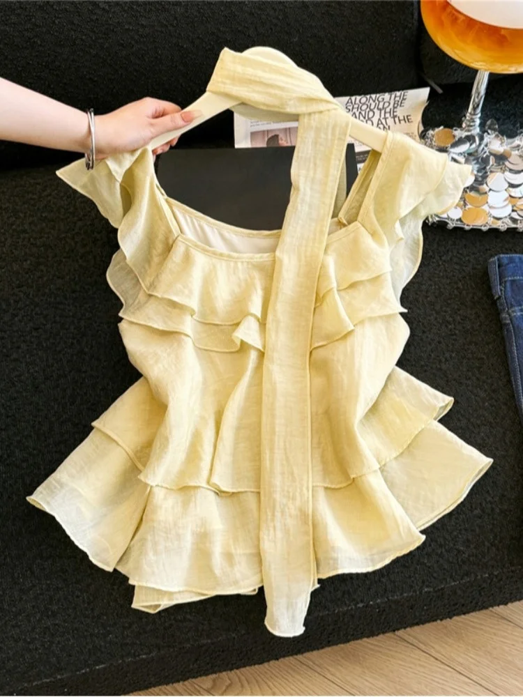 Sweet Style Ruffle Sleeve Ribbon Blouse Women's Summer New Layered Cake Vacation Elegant Shoulder Bared Short Top
Sweet Style Ruffle Sleeve Ribbon Blouse Women's Summer New Layered Cake Vacation Elegant Shoulder Bared Short Top