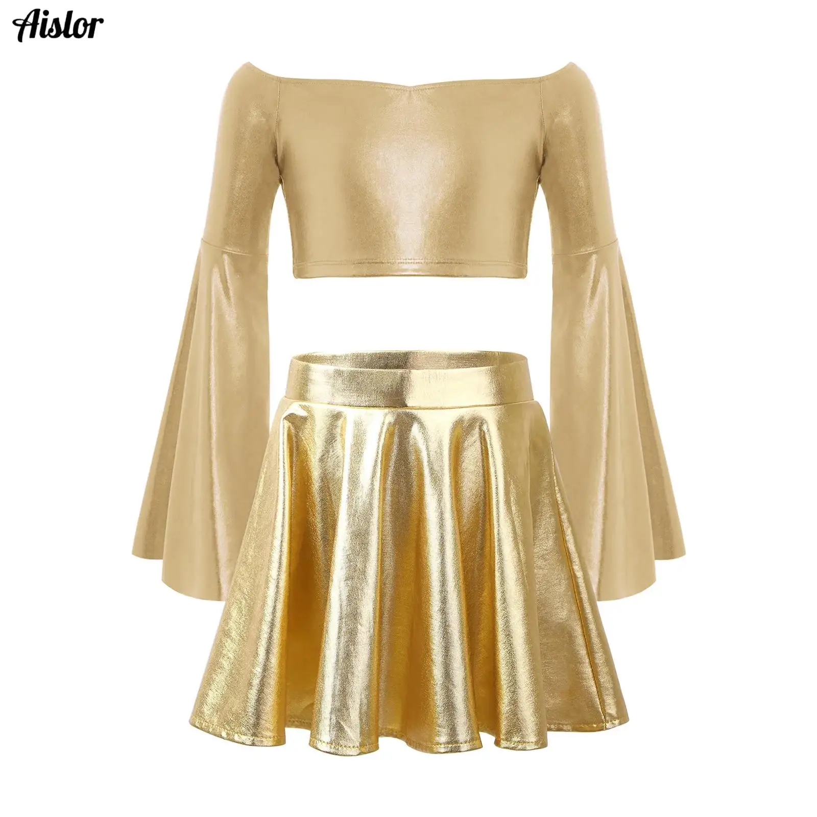Kids Girls Jazz Dance Dress Long Flared Sleeve Off-Shoulder Metallic Crop Top with Ruffled Skirt Set for Party Stage Performance
Kids Girls Jazz Dance Dress Long Flared Sleeve Off-Shoulder Metallic Crop Top with Ruffled Skirt Set for Party Stage Performance