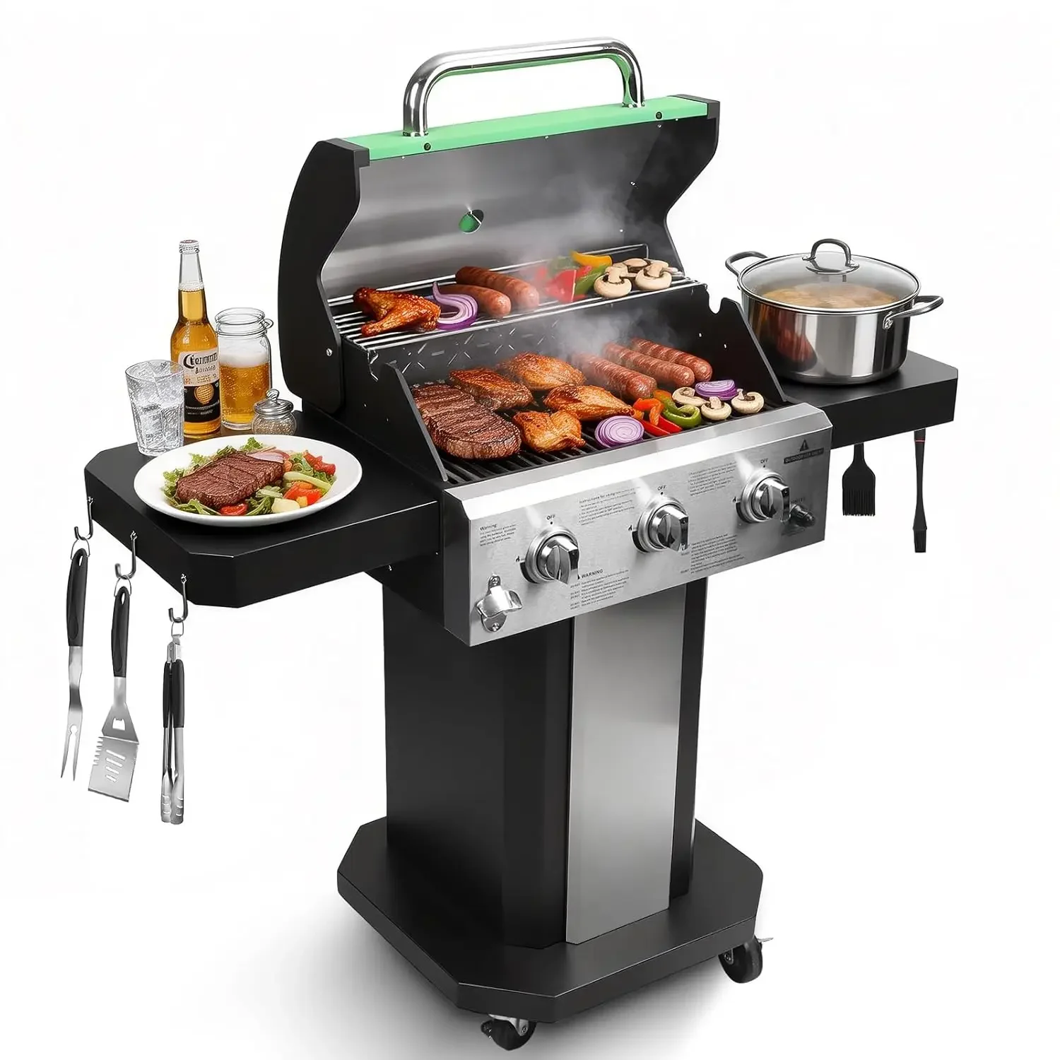 3 Burner Propane Gas Grill 30000 BTU BBQ Cast Iron Grates SS Warming Rack Thermometer Side Shelves Grease Tray Green, Custom
3 Burner Propane Gas Grill 30000 BTU BBQ Cast Iron Grates SS Warming Rack Thermometer Side Shelves Grease Tray Green, Custom